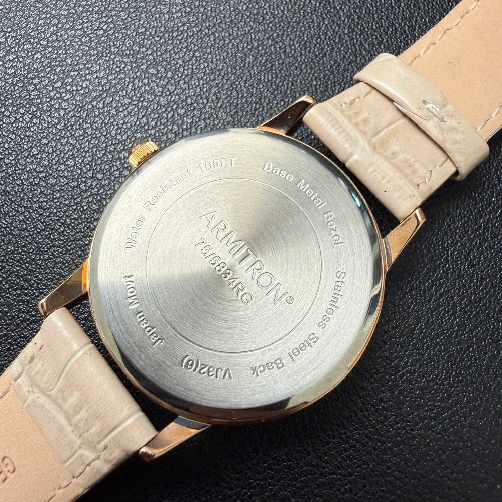 Armitron Womens‎ 75/5834RG Rose Gold Tone Crystal Leather Strap Watch New Batter